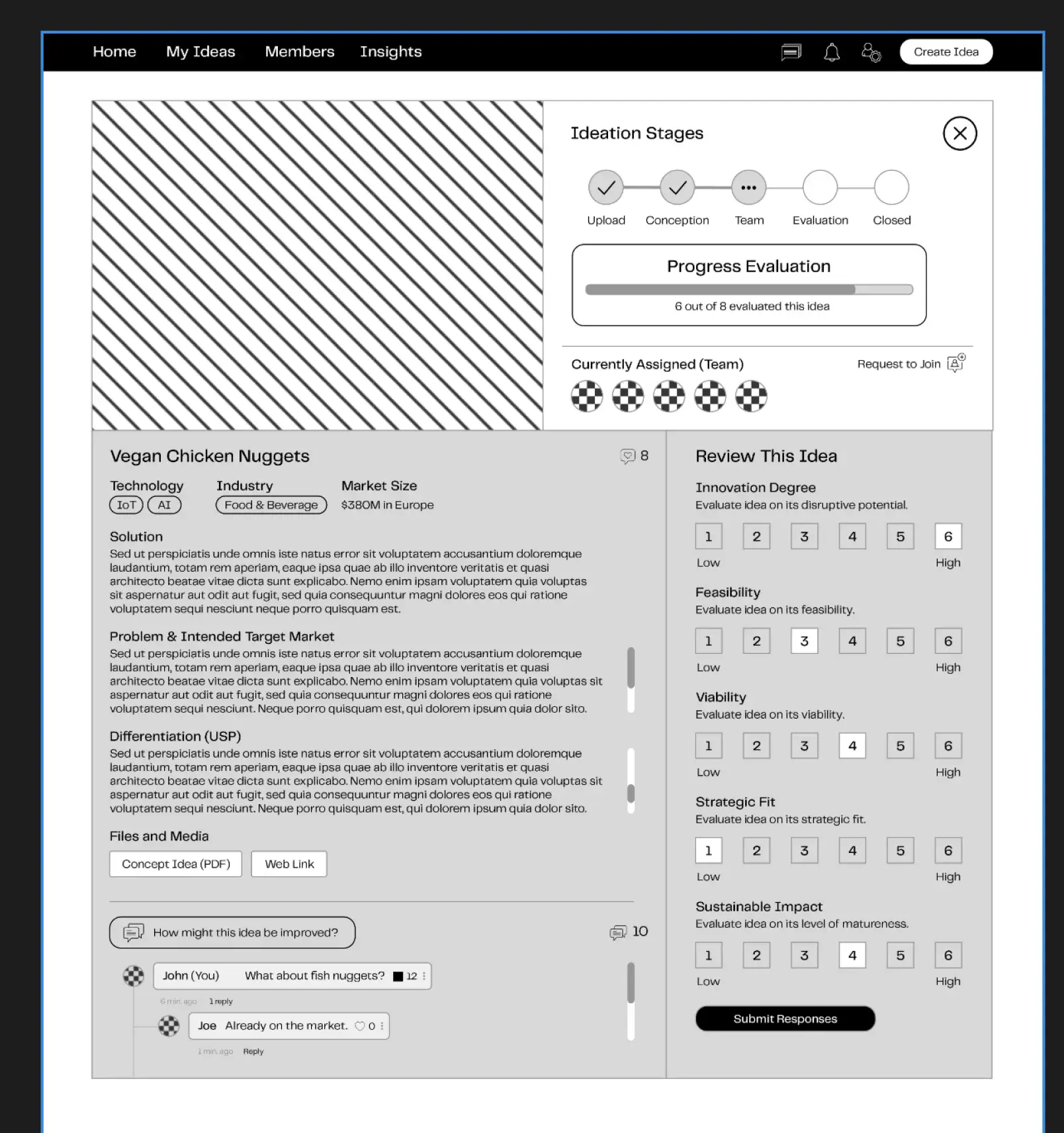 Evaluation panel showing 5-dimension scoring
